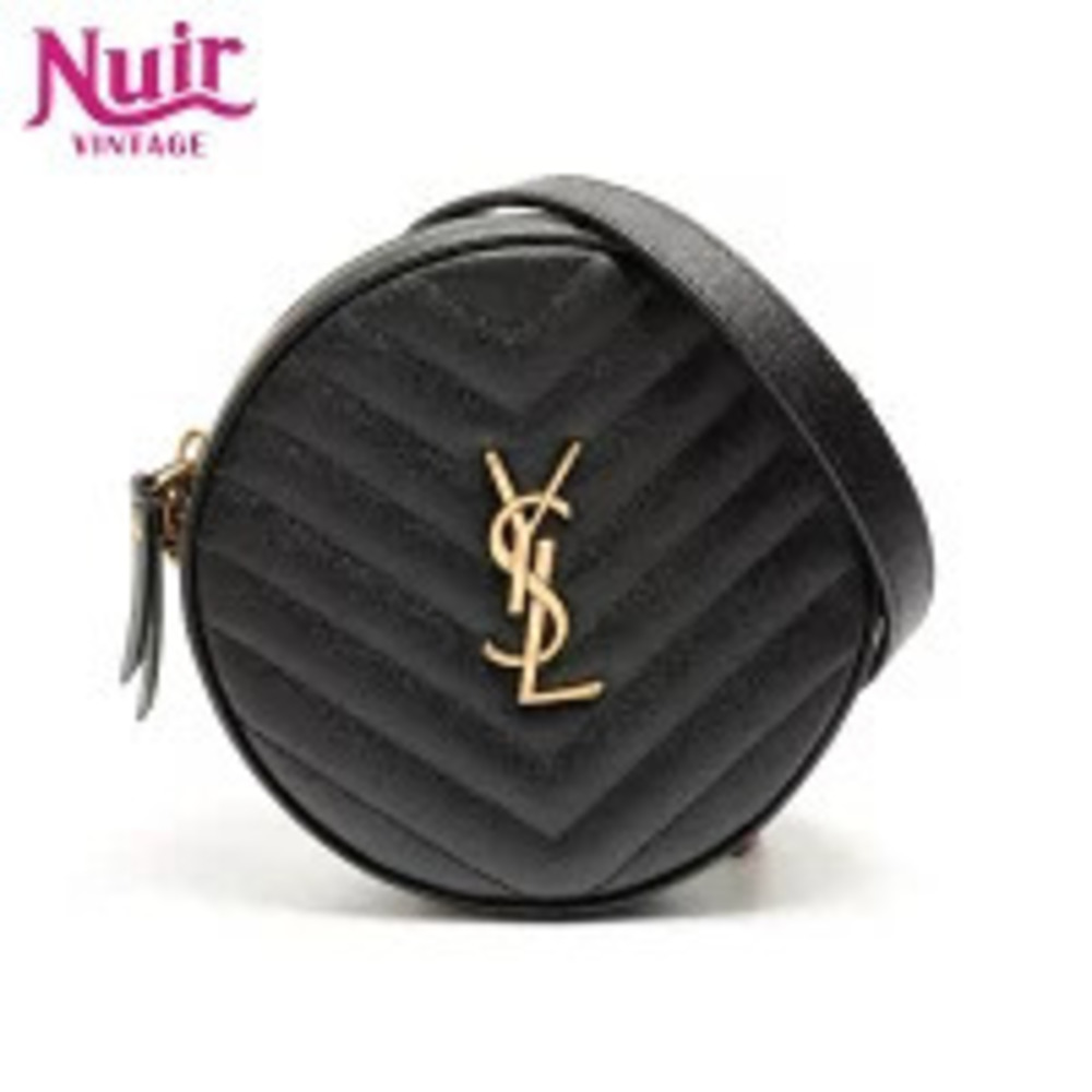 Yves Saint Laurent Vinyl Round Monogram Chain Leather Shoulder Bag Black